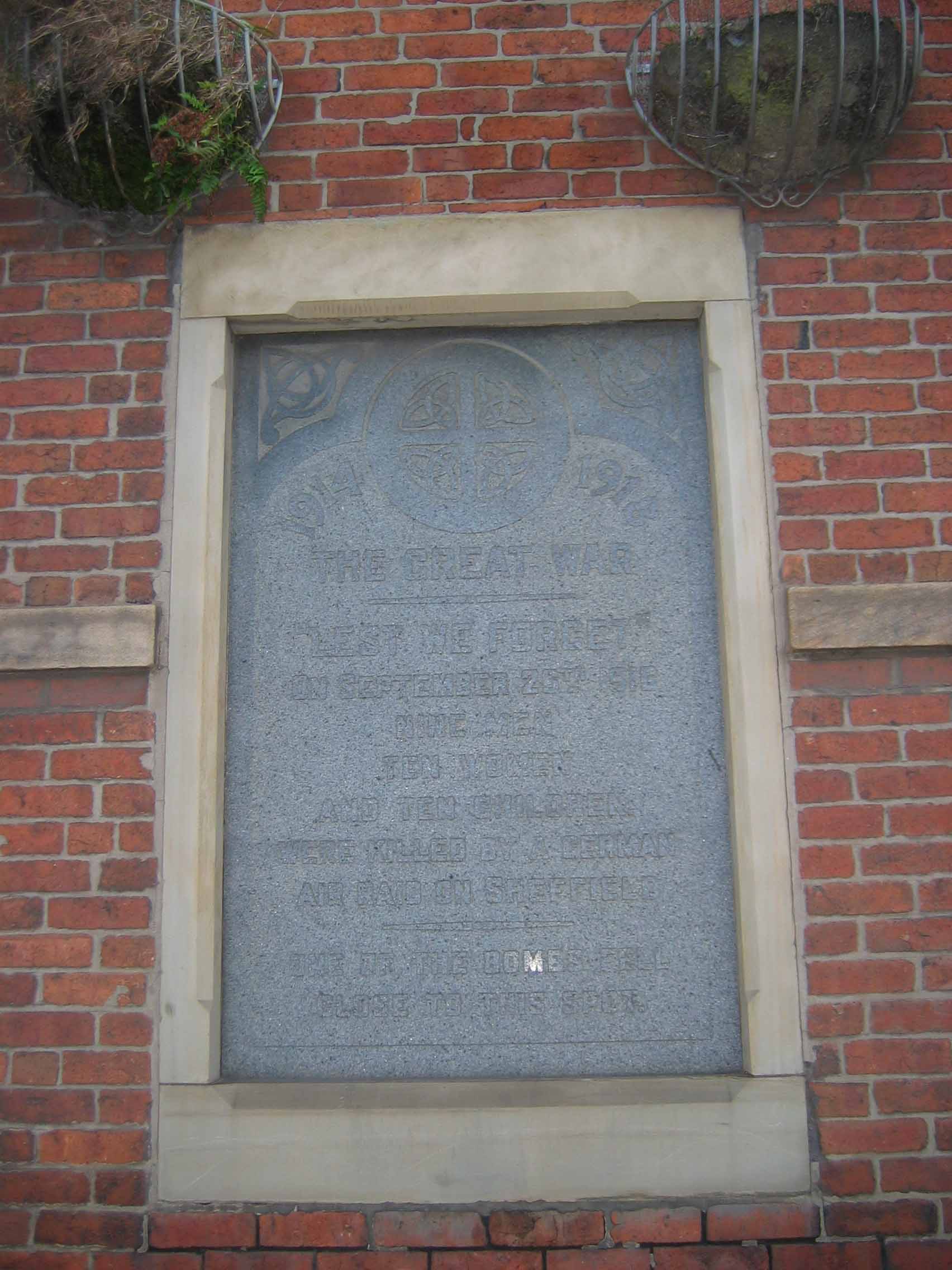 The Memorial set in the wall of the old Baltic Works, Effingham Road